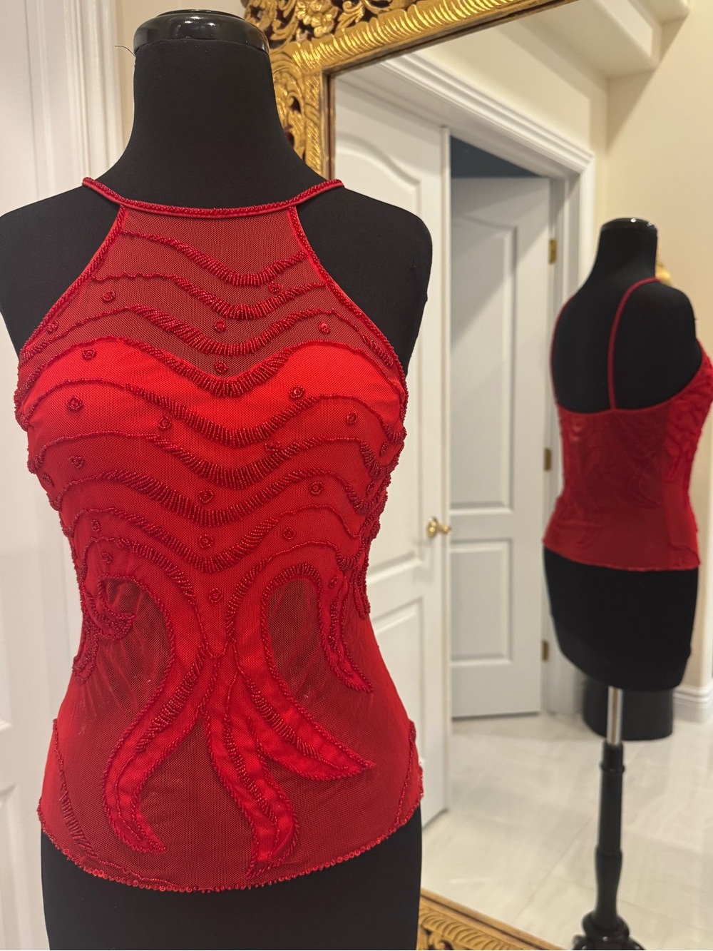 Red hand Beaded Halter Sheer Camisole